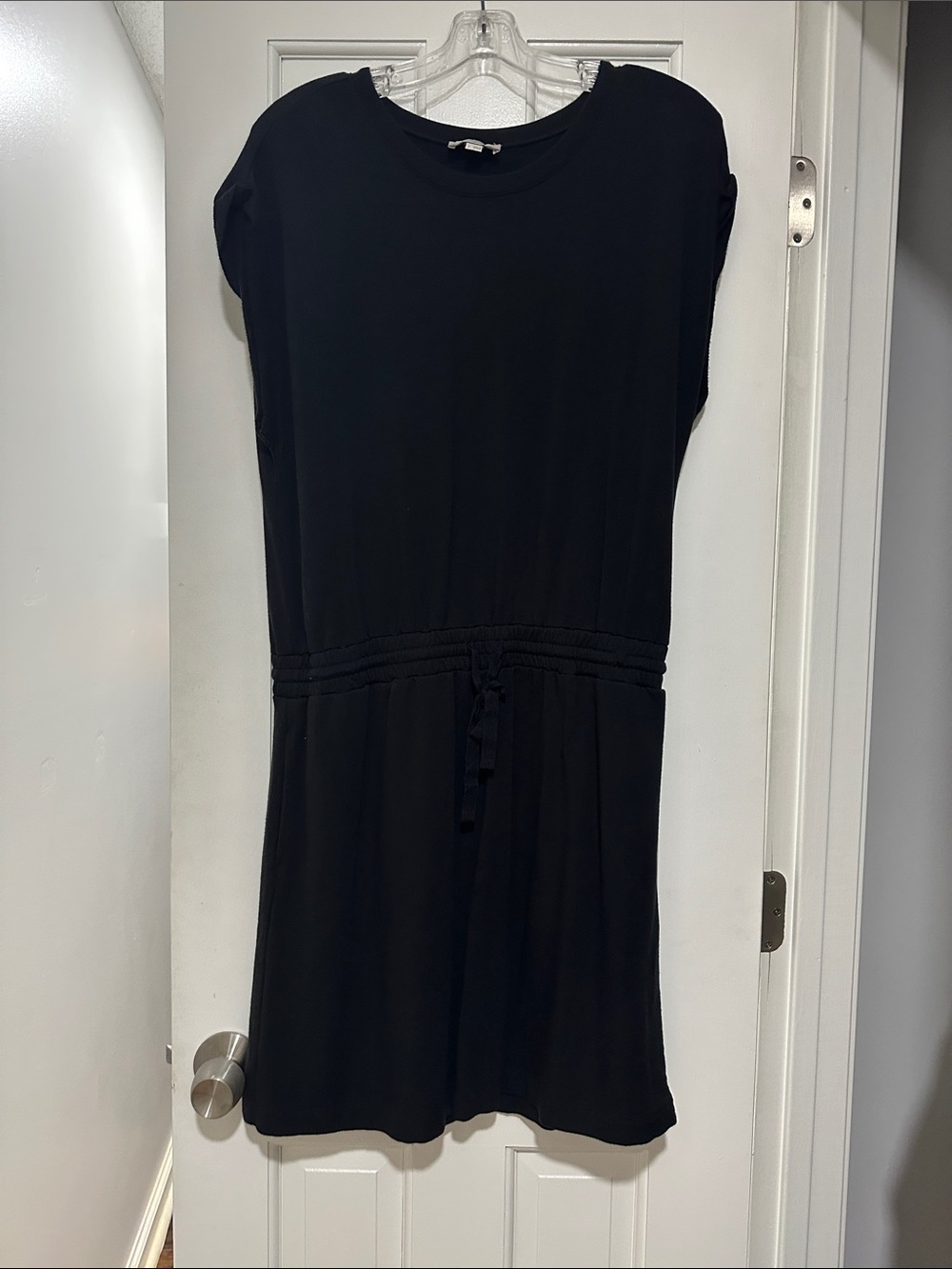 LOFT Black Short Sleeve Drawstring Waist Mini Dress